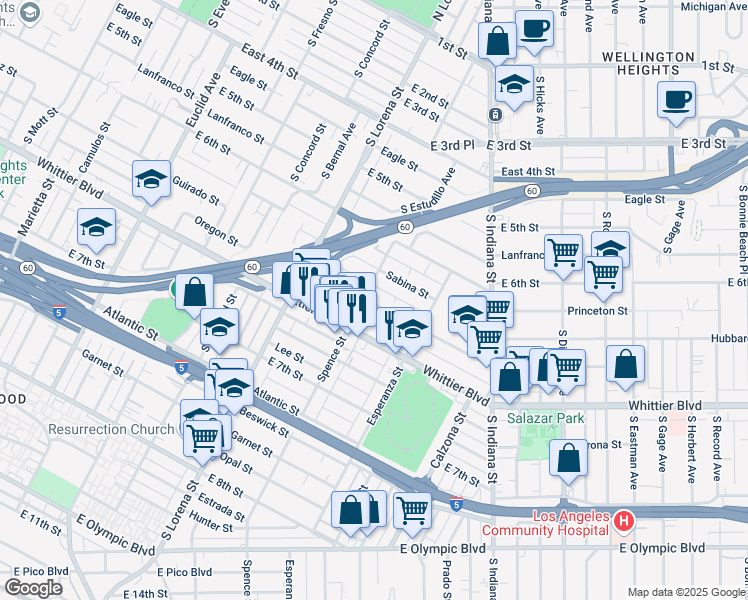 map of restaurants, bars, coffee shops, grocery stores, and more near 3529 Percy Street in Los Angeles