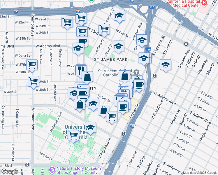 map of restaurants, bars, coffee shops, grocery stores, and more near 28 University Avenue in Los Angeles