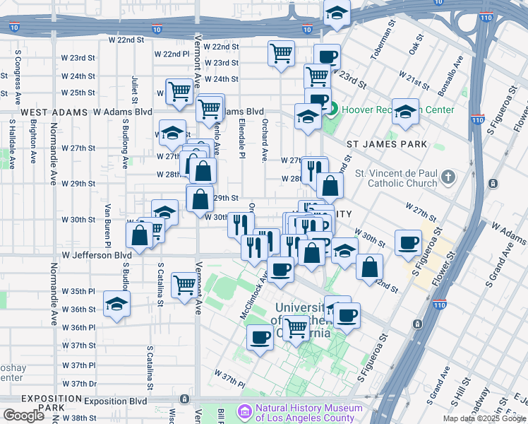 map of restaurants, bars, coffee shops, grocery stores, and more near 1115 West 30th Street in Los Angeles