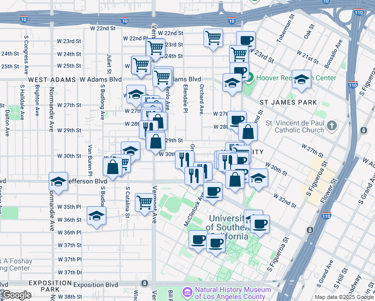 map of restaurants, bars, coffee shops, grocery stores, and more near 1173 West 30th Street in Los Angeles