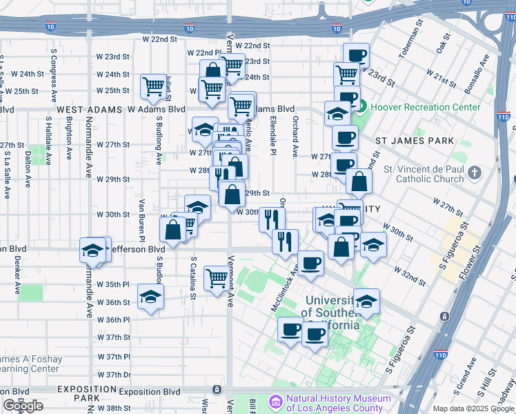 map of restaurants, bars, coffee shops, grocery stores, and more near 1225 West 30th Street in Los Angeles
