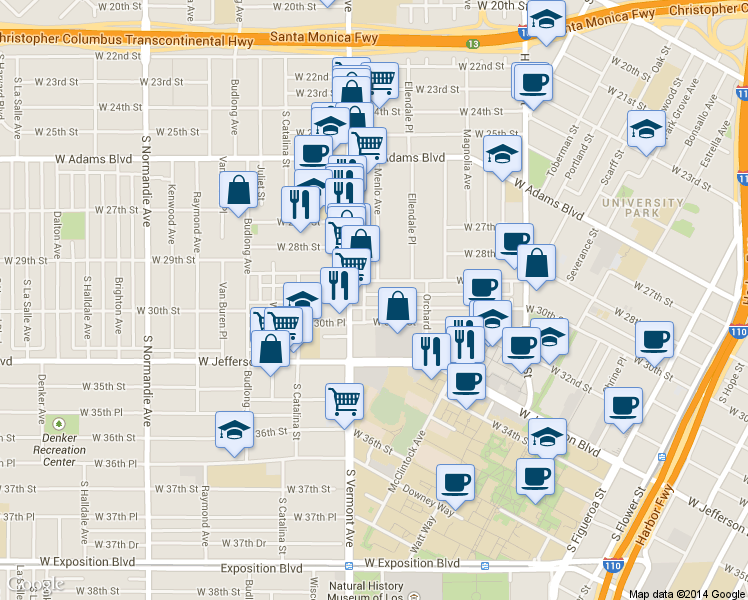 map of restaurants, bars, coffee shops, grocery stores, and more near 1225 West 30th Street in Los Angeles