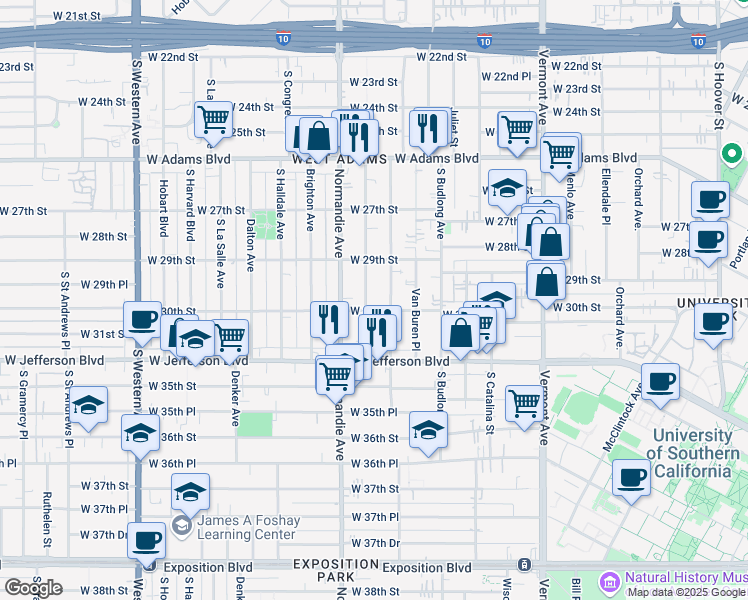 map of restaurants, bars, coffee shops, grocery stores, and more near 1545 West 30th Street in Los Angeles