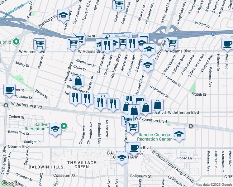 map of restaurants, bars, coffee shops, grocery stores, and more near 2925 Alsace Avenue in Los Angeles