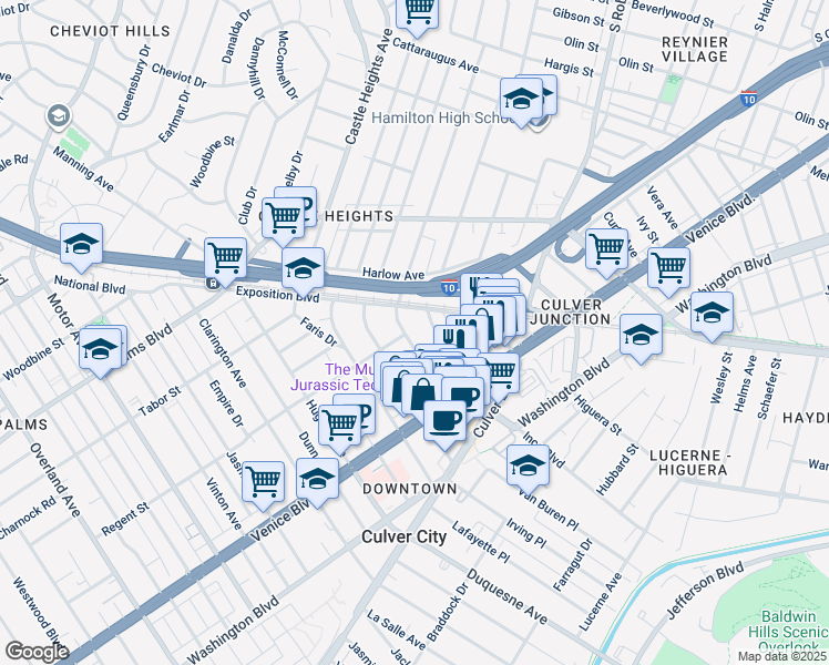 map of restaurants, bars, coffee shops, grocery stores, and more near 3701 Bagley Avenue in Los Angeles