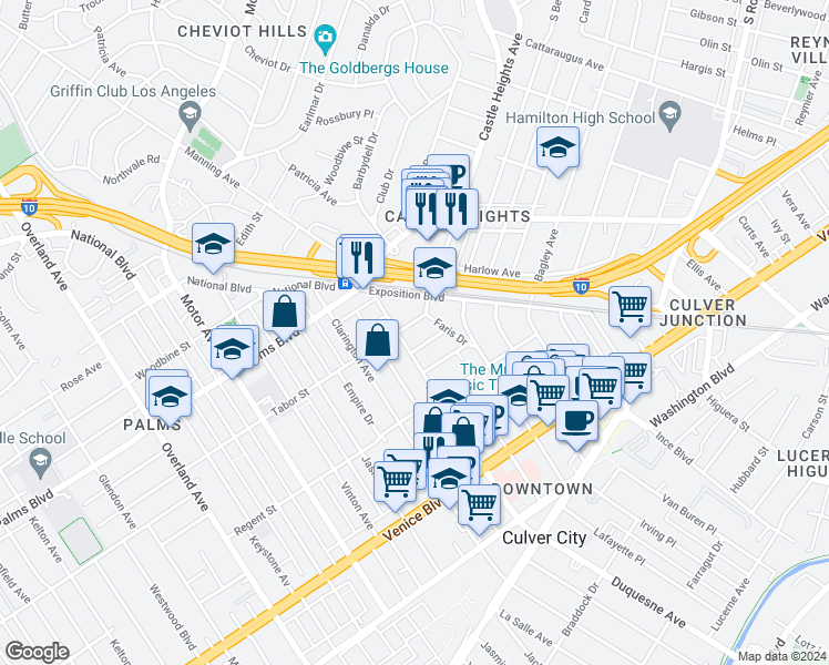 map of restaurants, bars, coffee shops, grocery stores, and more near 9827 Hannum Drive in Los Angeles