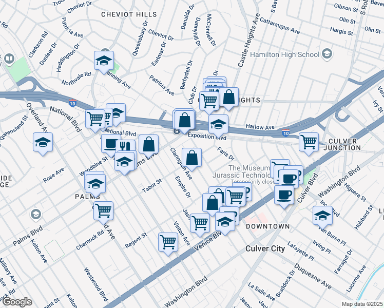 map of restaurants, bars, coffee shops, grocery stores, and more near 9909 Tabor Street in Los Angeles