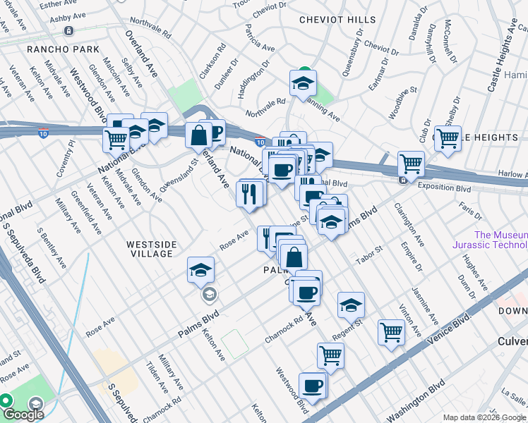 map of restaurants, bars, coffee shops, grocery stores, and more near 3317 Keystone Avenue in Los Angeles