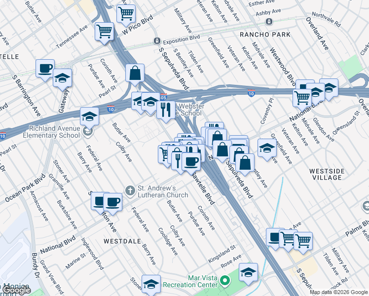 map of restaurants, bars, coffee shops, grocery stores, and more near 2820 Sawtelle Boulevard in Los Angeles