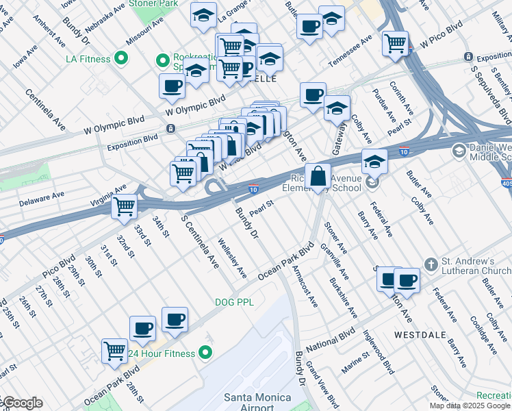 map of restaurants, bars, coffee shops, grocery stores, and more near 2497 Armacost Avenue in Los Angeles