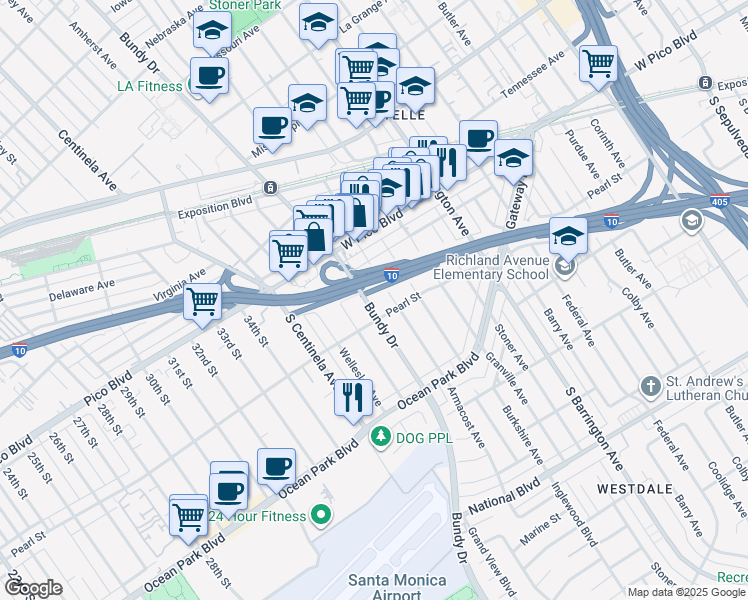map of restaurants, bars, coffee shops, grocery stores, and more near 2477 South Bundy Drive in Los Angeles