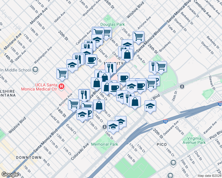 map of restaurants, bars, coffee shops, grocery stores, and more near 1450 20th Street in Santa Monica