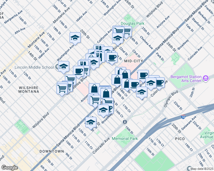 map of restaurants, bars, coffee shops, grocery stores, and more near 1323 17th Street in Santa Monica