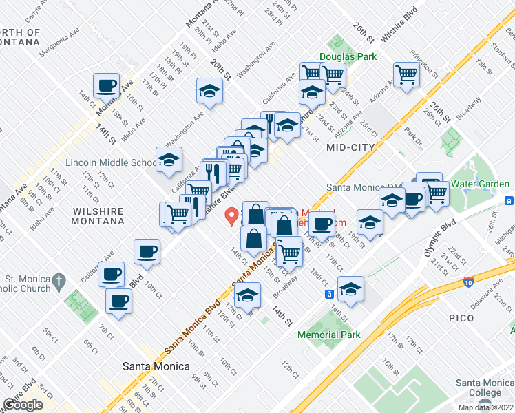 map of restaurants, bars, coffee shops, grocery stores, and more near 1623 Arizona Avenue in Santa Monica