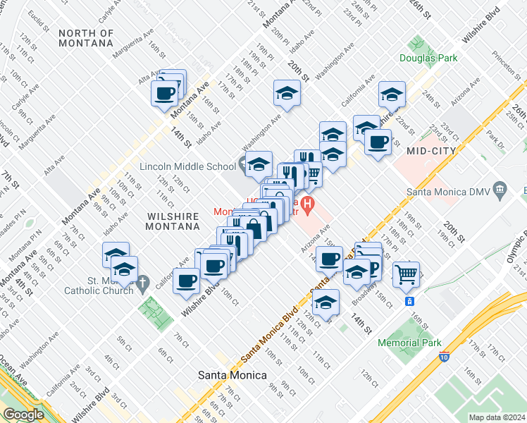 map of restaurants, bars, coffee shops, grocery stores, and more near 1131 14th Street in Santa Monica