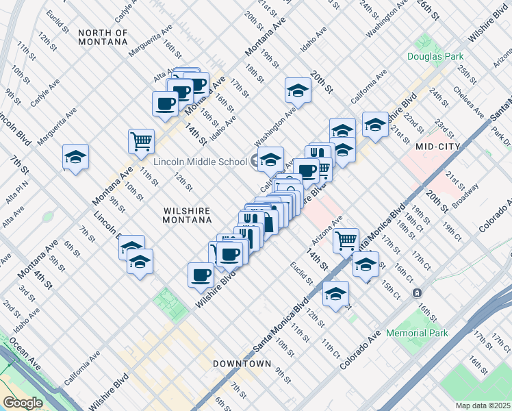 map of restaurants, bars, coffee shops, grocery stores, and more near 1308 California Avenue in Santa Monica