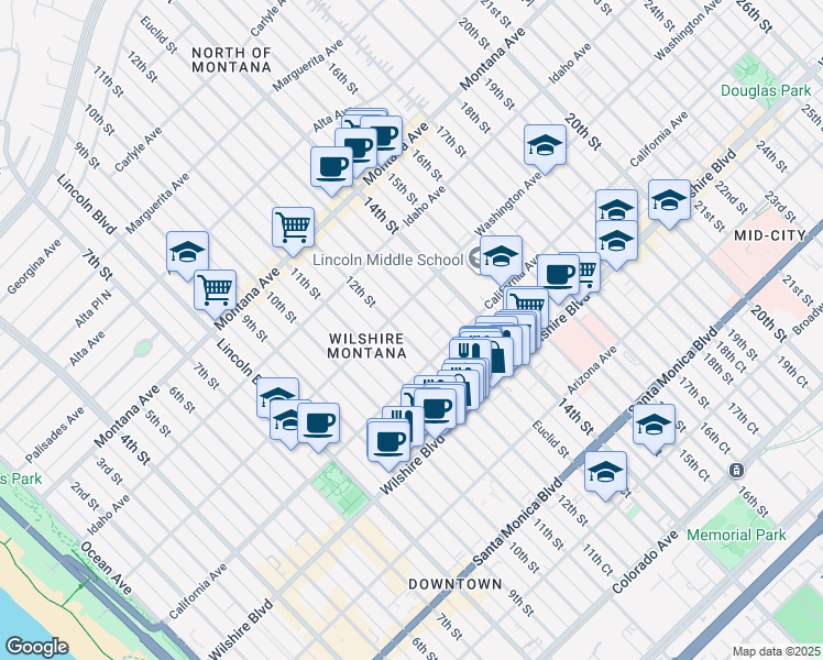 map of restaurants, bars, coffee shops, grocery stores, and more near 1037 12th Court in Santa Monica