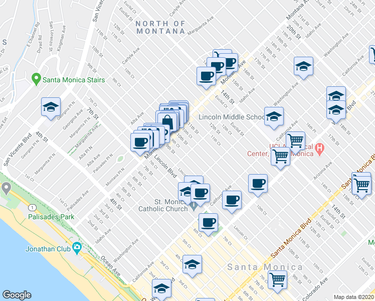 map of restaurants, bars, coffee shops, grocery stores, and more near 847 9th Street in Santa Monica