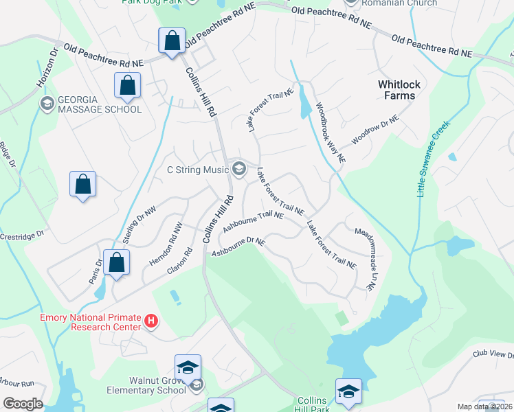 map of restaurants, bars, coffee shops, grocery stores, and more near 2545 Lockemeade Way Northeast in Lawrenceville