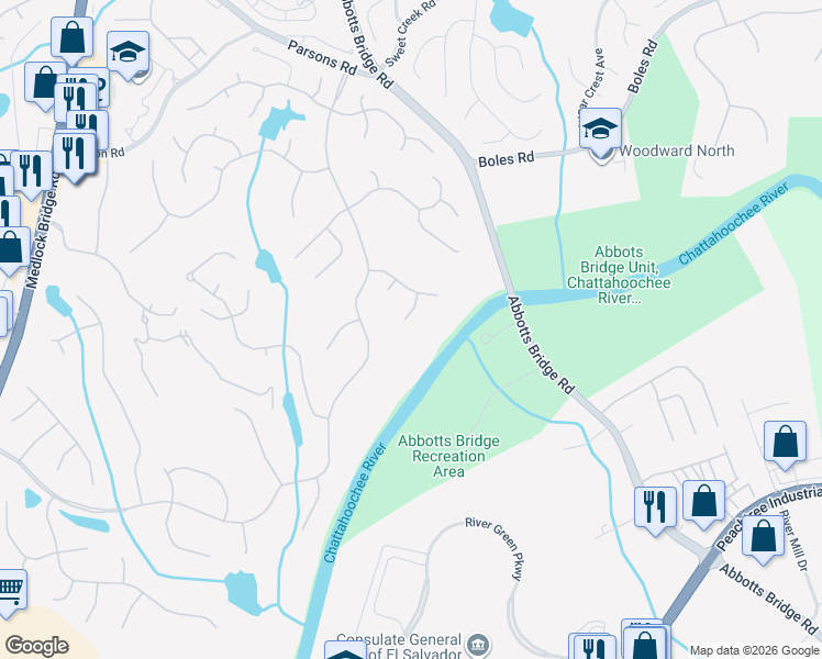 map of restaurants, bars, coffee shops, grocery stores, and more near 307 Jupiter Hills Drive in Duluth