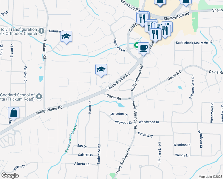 map of restaurants, bars, coffee shops, grocery stores, and more near 2801 Holly Oaks Drive in Marietta