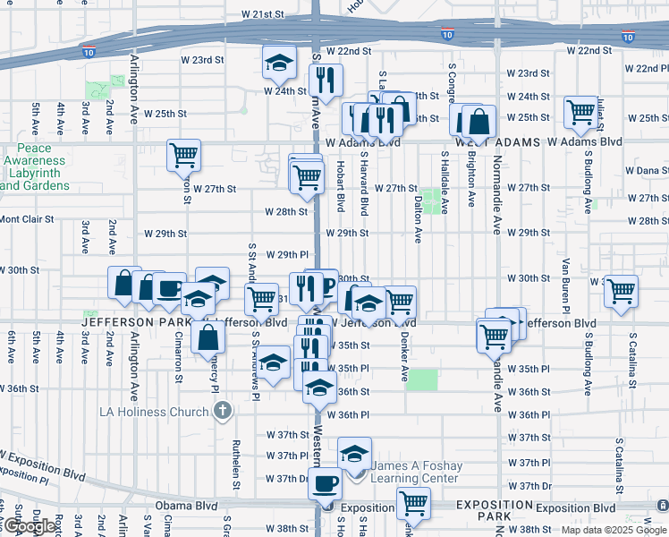 map of restaurants, bars, coffee shops, grocery stores, and more near 2947 South Hobart Boulevard in Los Angeles
