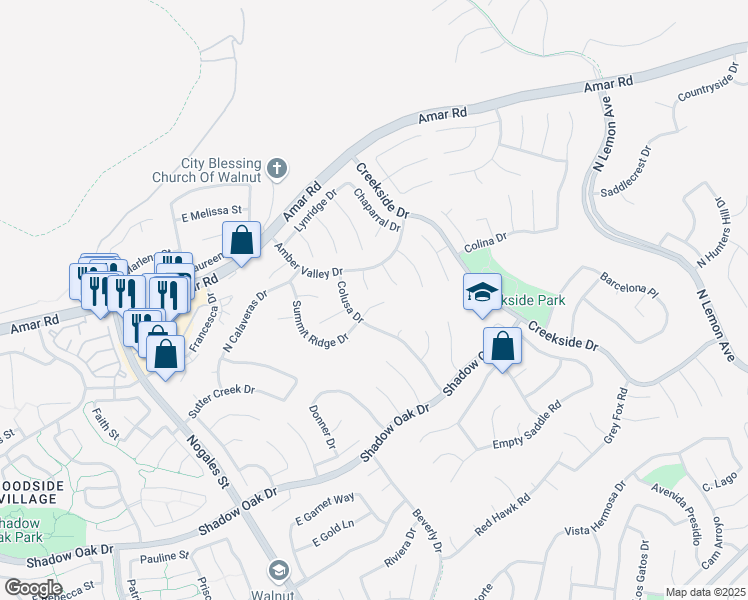 map of restaurants, bars, coffee shops, grocery stores, and more near 19125 Summit Ridge Drive in Walnut