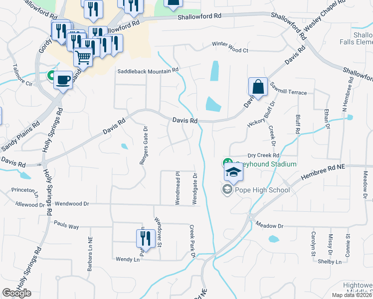 map of restaurants, bars, coffee shops, grocery stores, and more near 3191 Running Cedar Drive in Marietta