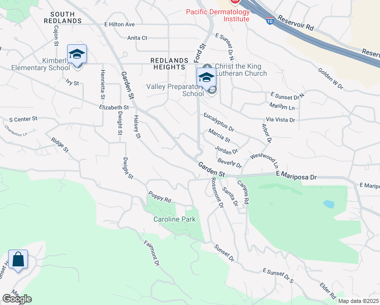 map of restaurants, bars, coffee shops, grocery stores, and more near 0 Garden Street in Redlands