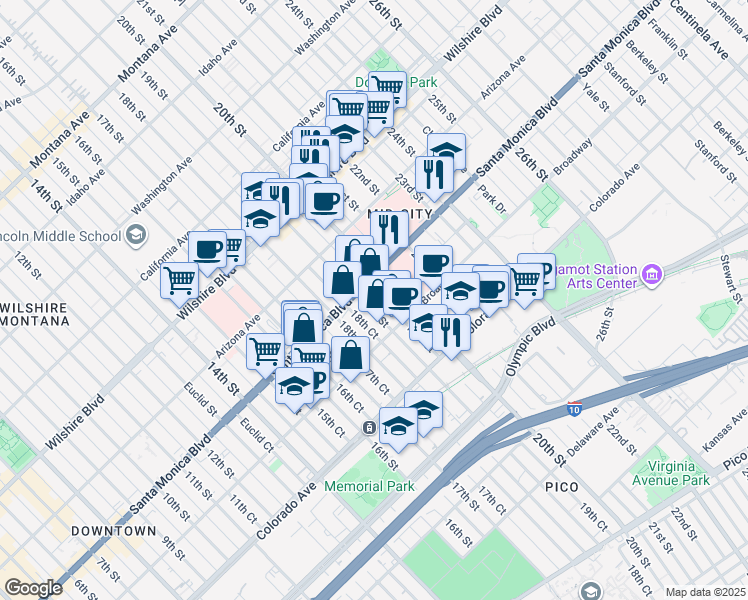 map of restaurants, bars, coffee shops, grocery stores, and more near 1419 19th Street in Santa Monica