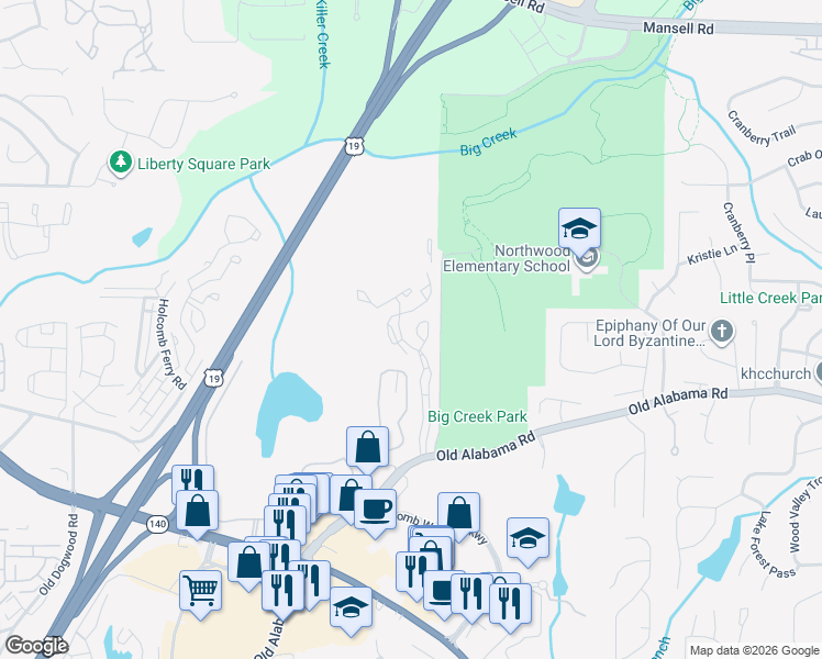 map of restaurants, bars, coffee shops, grocery stores, and more near 2200 Belcourt Parkway in Roswell