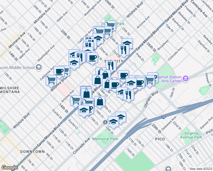 map of restaurants, bars, coffee shops, grocery stores, and more near 1419 19th Street in Santa Monica