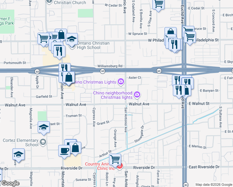 map of restaurants, bars, coffee shops, grocery stores, and more near 6642 King Street in Chino