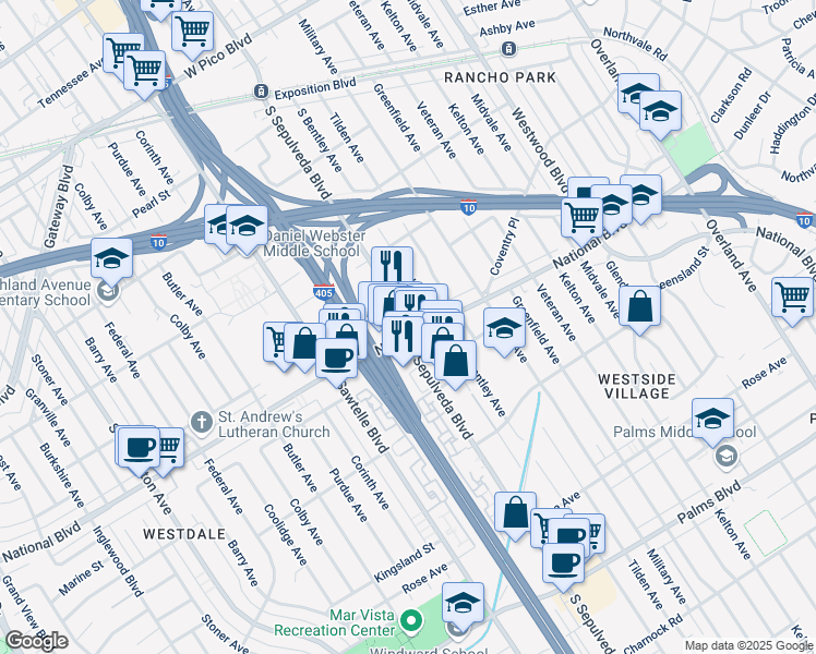 map of restaurants, bars, coffee shops, grocery stores, and more near in Los Angeles