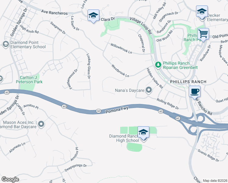 map of restaurants, bars, coffee shops, grocery stores, and more near 35 Franciscan Place in Pomona
