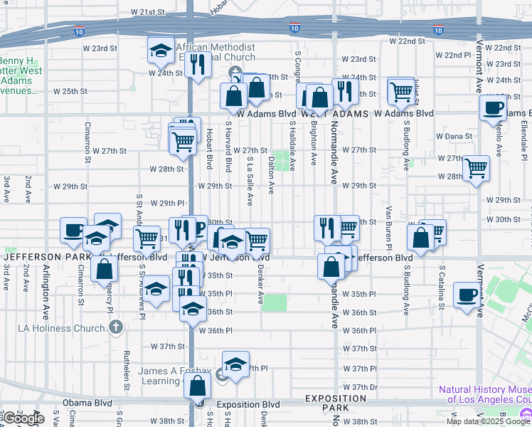 map of restaurants, bars, coffee shops, grocery stores, and more near 2947 Dalton Avenue in Los Angeles