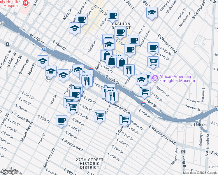 map of restaurants, bars, coffee shops, grocery stores, and more near 781 East 18th Street in Los Angeles