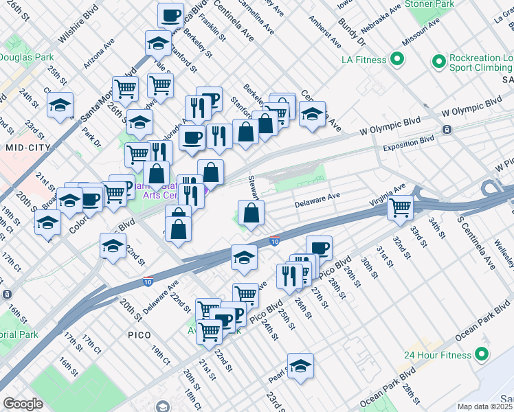map of restaurants, bars, coffee shops, grocery stores, and more near 1819 Stewart Street in Santa Monica
