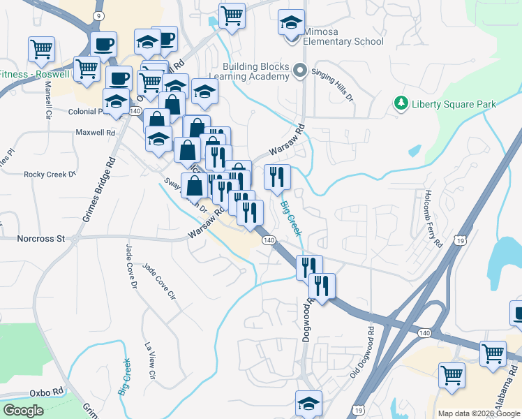 map of restaurants, bars, coffee shops, grocery stores, and more near 936 Holcomb Bridge Road in Roswell