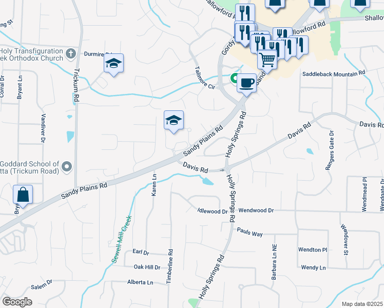 map of restaurants, bars, coffee shops, grocery stores, and more near 2801 Holly Oaks Drive in Marietta