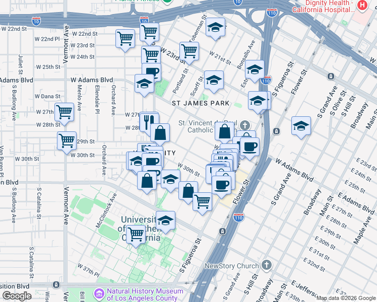 map of restaurants, bars, coffee shops, grocery stores, and more near West 28th Street in Los Angeles