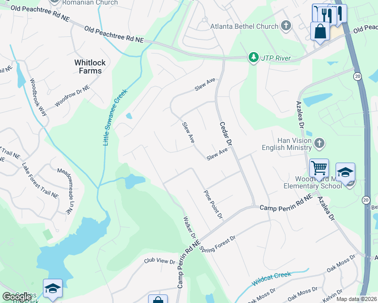 map of restaurants, bars, coffee shops, grocery stores, and more near 721 Cedar Valley Trce in Lawrenceville