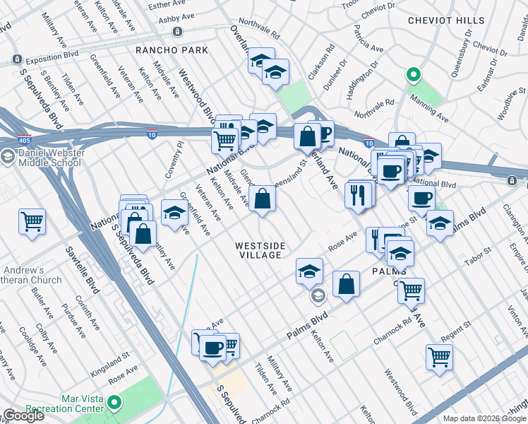 map of restaurants, bars, coffee shops, grocery stores, and more near 10840 Queensland Street in Los Angeles