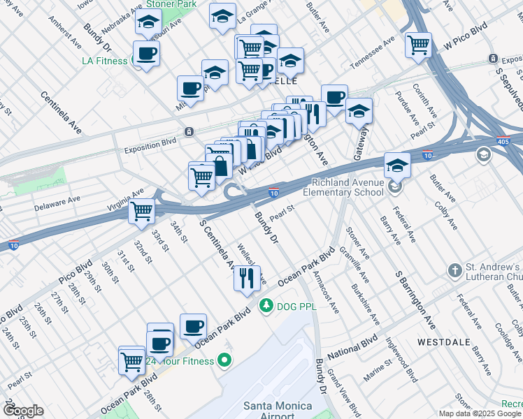 map of restaurants, bars, coffee shops, grocery stores, and more near 2477 South Bundy Drive in Los Angeles