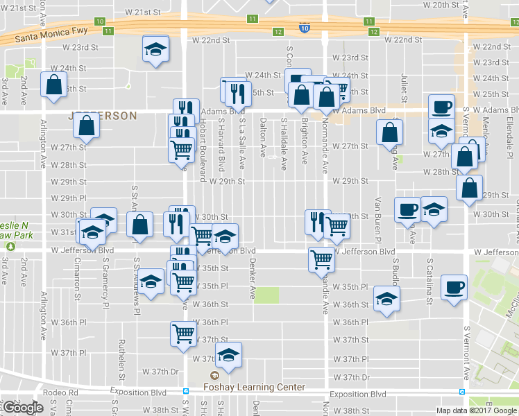 map of restaurants, bars, coffee shops, grocery stores, and more near 2947 Dalton Avenue in Los Angeles