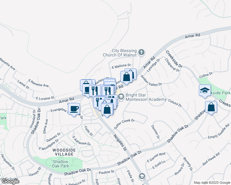 map of restaurants, bars, coffee shops, grocery stores, and more near 18780 Amar Road in Walnut