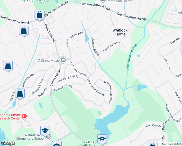 map of restaurants, bars, coffee shops, grocery stores, and more near 2557 Forest Meadow Lane in Lawrenceville