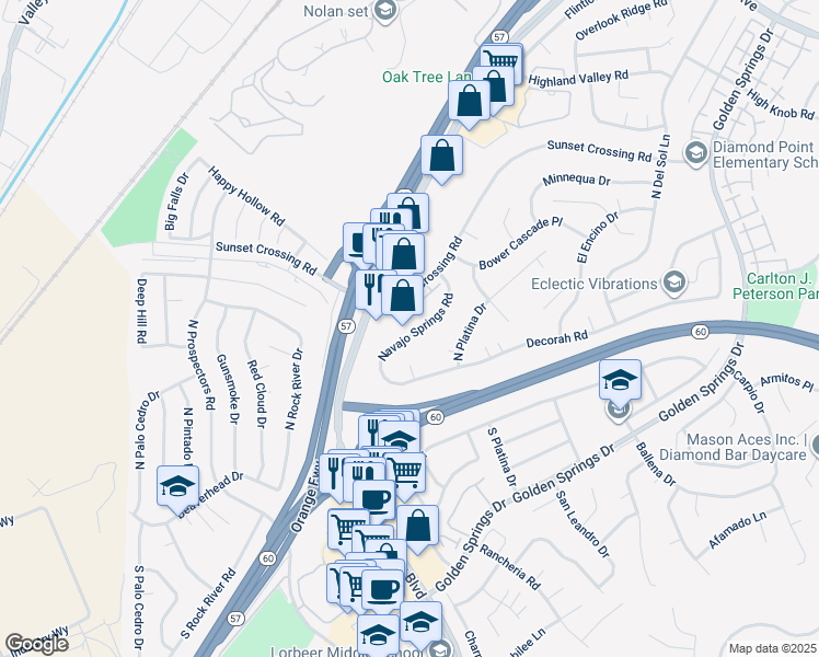 map of restaurants, bars, coffee shops, grocery stores, and more near 331 Navajo Springs Road in Pomona