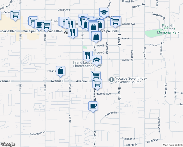 map of restaurants, bars, coffee shops, grocery stores, and more near 12442 California Street in Yucaipa