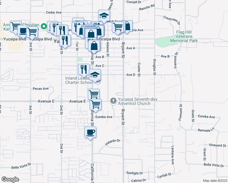 map of restaurants, bars, coffee shops, grocery stores, and more near 12439 Adams Street in Yucaipa